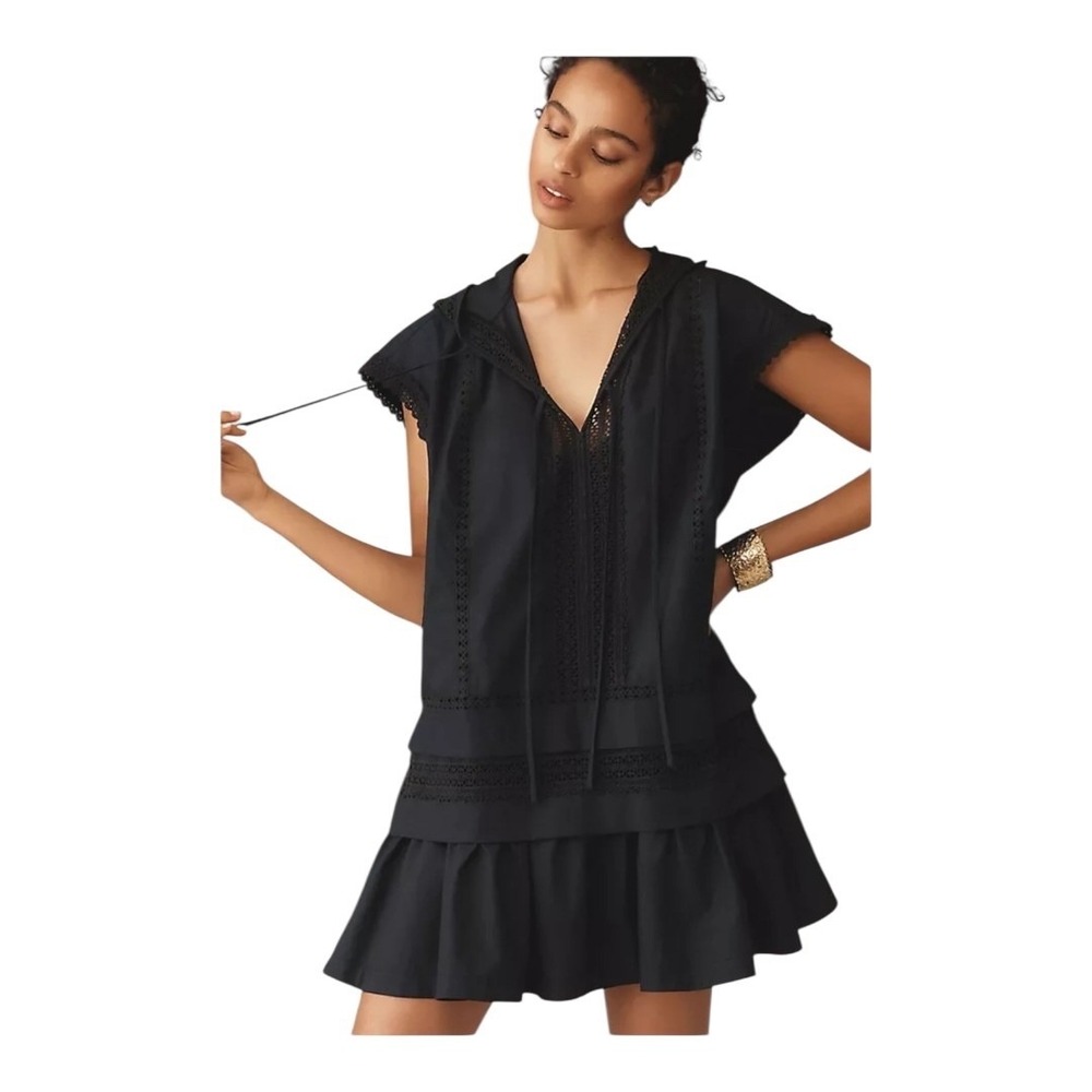 Anthropologie Navy Lace Trim Hoodie Flounce Tunic Dress‎ Short Sleeve Cotton XS